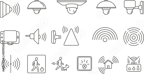 Security sensor and alarm icon set including motion detectors sirens radar signals and smart home systems outline vector illustrations isolated