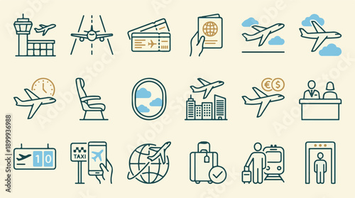 Aviation and Airport Travel Services Vector Icons Set