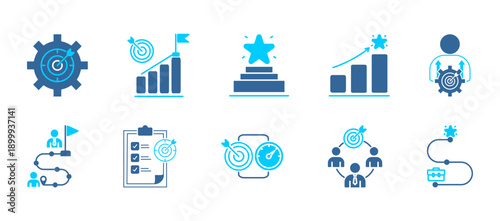 goals icon collection set. Containing goal setting, target achievement, okr & kpi, career goals, team goals, performance goals, personal development goals, company objectives icon. dual tone vector.