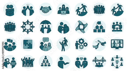 Teamwork, Collaboration, and Social Community Vector Icons Set