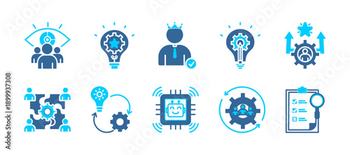 innovation  icon collection set. Containing inspiration, vision, analysis, creativity, development, teamwork,technology, invention,change, success icon. dual tone vector.