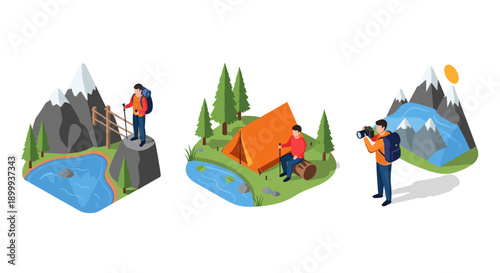 Isometric nature adventure: camping, hiking, photography in scenic landscapes