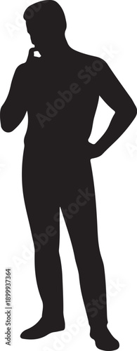 Silhouette of a man standing with hand on hip and phone to ear