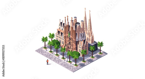 Isometric sagrada familia with palm trees and tiny figure