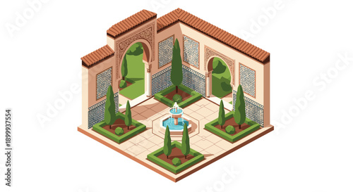 Isometric mediterranean courtyard with fountain and ornate arches