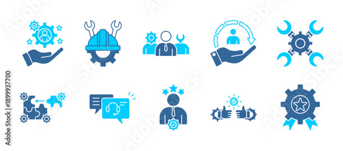service  icon collection set. Containing service, technician, asistance, customer, repair, solution, online help, professionalism, commitment, excelence, icon . dual tone vector.