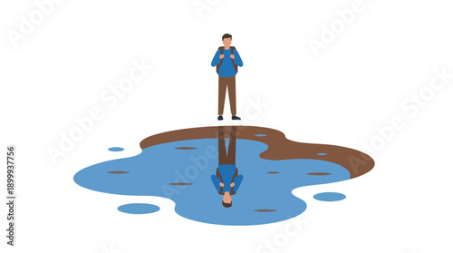 Man with backpack standing over puddle with upside down reflection