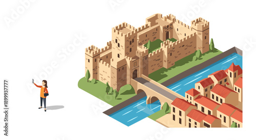 Medieval castle in isometric view with tourist taking a selfie near urban canal