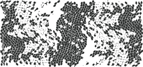 Snakeskin pattern imitation. Lines and spots structural texture. Cool and artsy faux leather background. Abstract vector illustration. Black isolated on white. EPS10