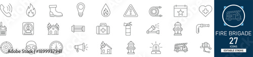 Fire Brigade Icons Set. Includes Icons for Fire Truck, Extinguisher, Hydrant, Helmet, and Axe. 27 Professional Line Icons with Editable Stroke. Perfect for Emergency and Safety Projects.