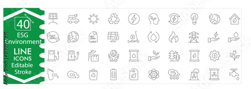Environmental ESG icons set, sustainability, green business, carbon footprint, eco projects, renewable resources, climate action, conservation, nature, corporate responsibility, professional design . 