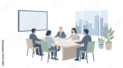 Business Meeting Illustration with Diverse Team in Modern Office