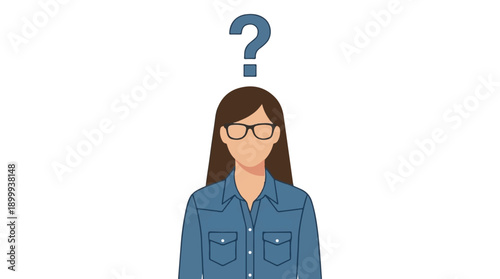 Anonymous woman in glasses with question mark, symbolizing confusion or unknown