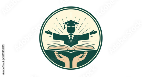 Graduation Cap and Open Book Held by Hands.