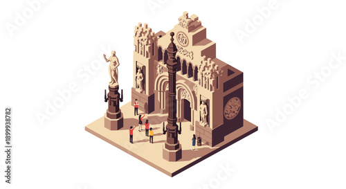 Isometric historical landmark with statues and visitors in urban setting