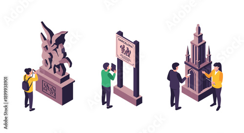 Tourists exploring european landmarks in isometric design
