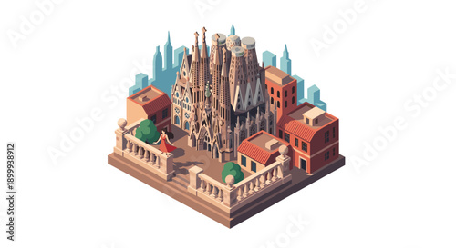 Isometric urban scene with iconic gothic architecture and surrounding city elements