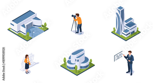 Modern isometric architecture and urban planning scenes with people