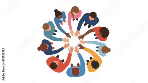 Diverse team collaboration, hands united in a circle from above