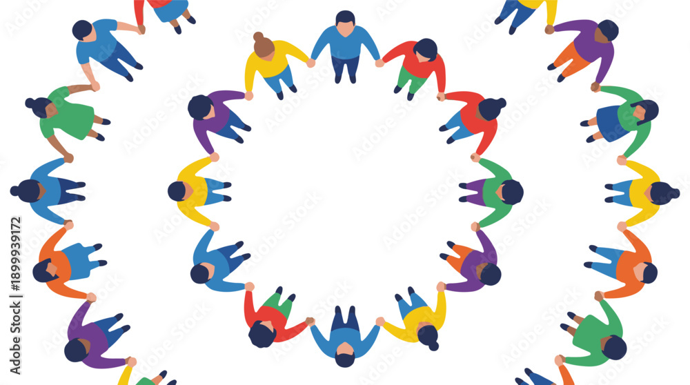 Obraz premium Diverse group of people holding hands in circular formation, top view
