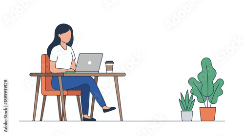 Woman working remotely on laptop at desk with plants, flat illustration