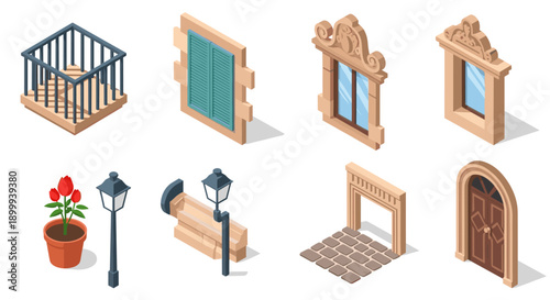 Isometric architecture elements: windows, door, lamp, and decorative features