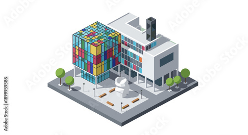 Modern isometric office building with colorful geometric facade and urban park