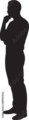 Silhouette of a person thinking with hand on chin black