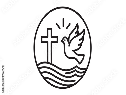 Religious symbol with cross, dove, and water