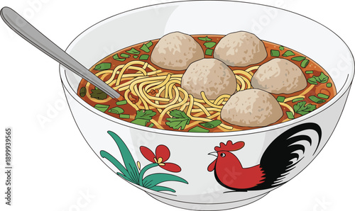 Asian meatball noodle soup bowl illustration featuring rich broth, herbs, spoon, and rooster decoration for food, cuisine, restaurant, culinary, and design projects