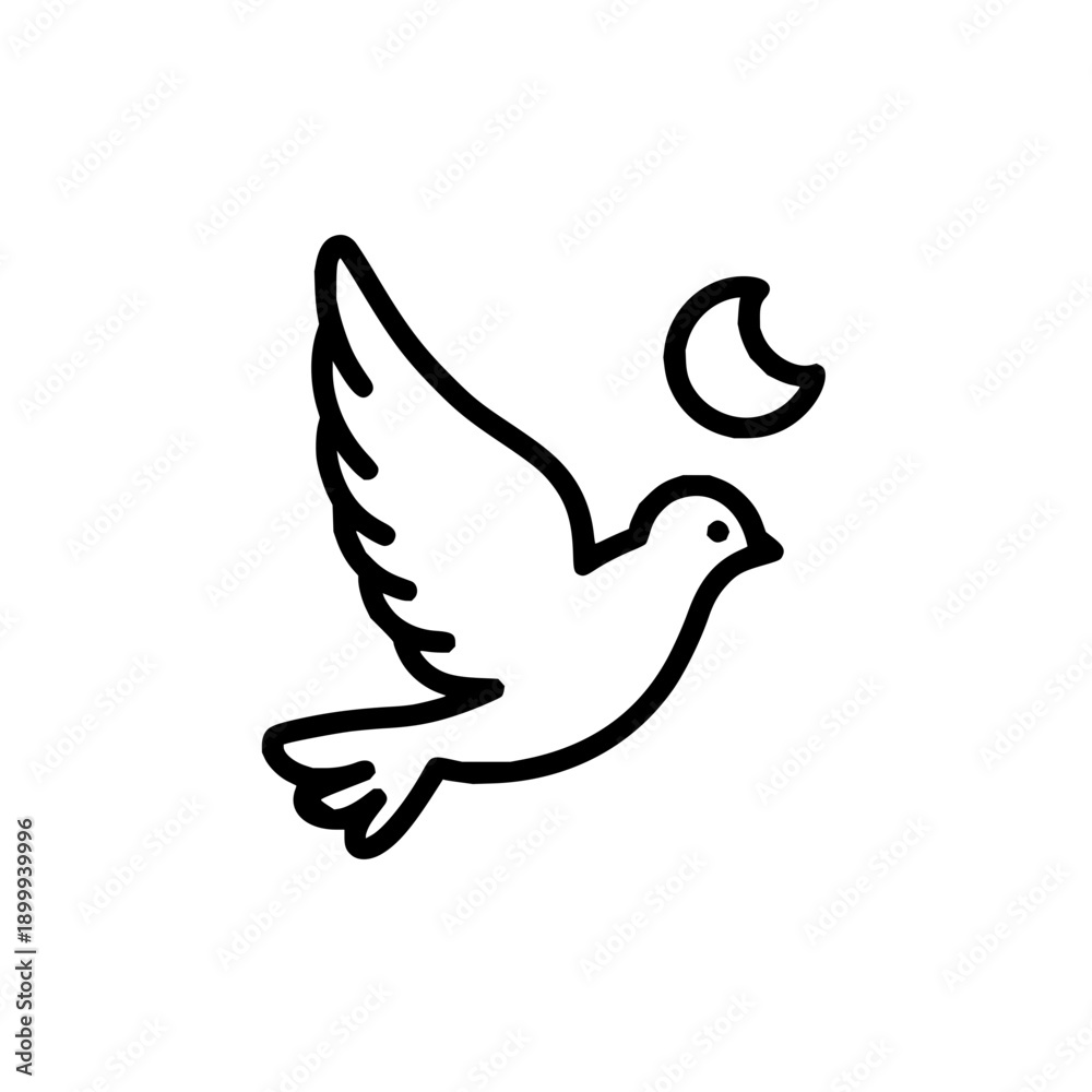Fototapeta premium Dove Flying Under Crescent Moon
