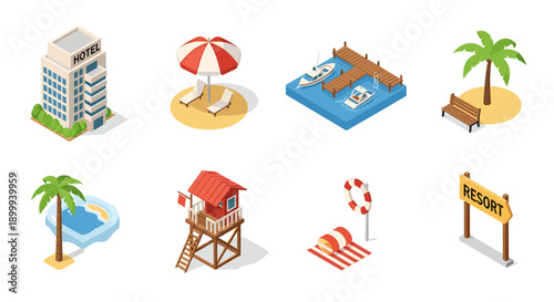 Isometric beach resort icons collection featuring hotel, palm trees, and pier