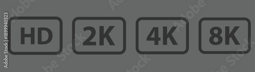 Grey HD, 2K, 4K, 8K Resolution Icons on Gray Background