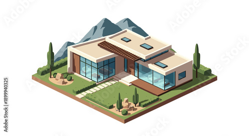 Modern isometric house with garden and mountain view in minimalist design