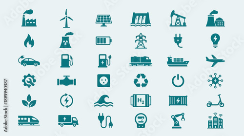 Vector Icons for Energy, Industry, Transport and Green Technologies