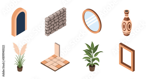 Minimalist isometric home decor elements with plants, mirrors, and textures