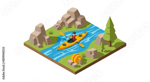 Isometric adventure: kayaking in a scenic river landscape