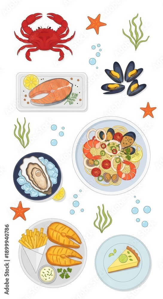 Obraz premium Assortment of cooked and raw seafood dishes arranged with marine flora and fauna illustrations