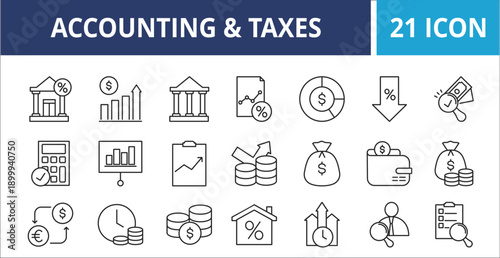 Accounting & Taxes web banner icon set outline multistyle vector illustrations concept multi color