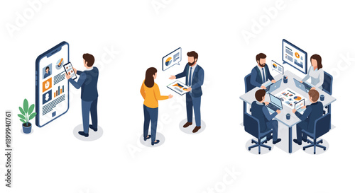 Isometric business collaboration and team meeting concepts