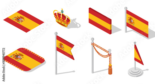 Spanish flags and royal crown in isometric style featuring traditional colors and symbols