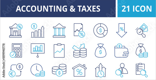 Accounting & Taxes web banner icon set outline multistyle vector illustrations concept