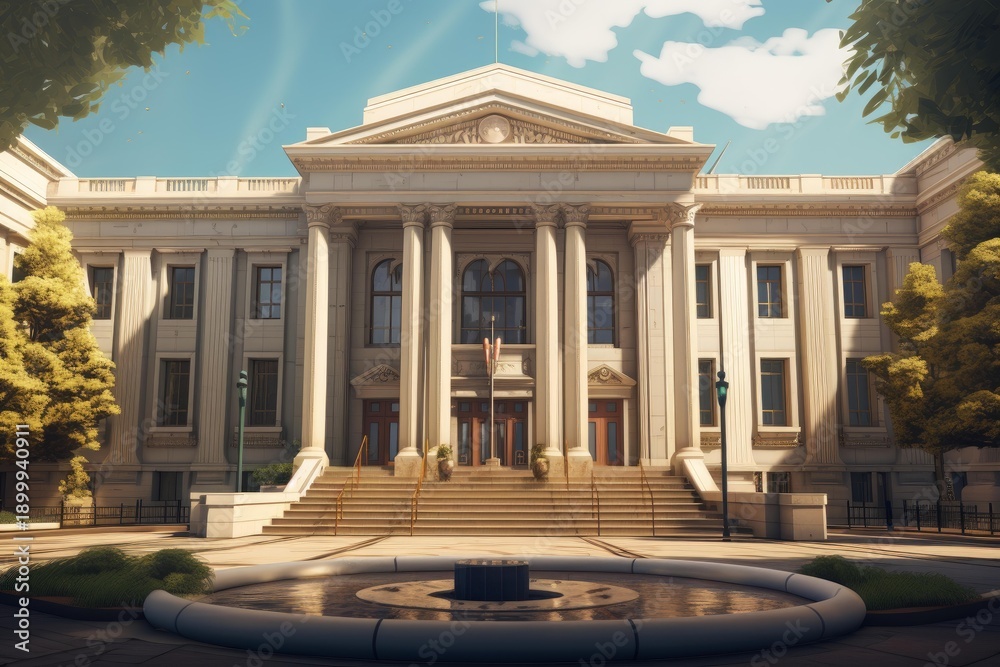 Obraz premium Courthouse building featuring columns, pediment, and stairs with a fountain in the foreground