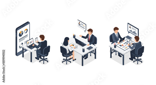 Isometric office workspace with people engaged in business meetings and presentations