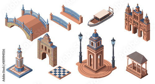 Isometric architectural landmarks with bridges and towers in classic style