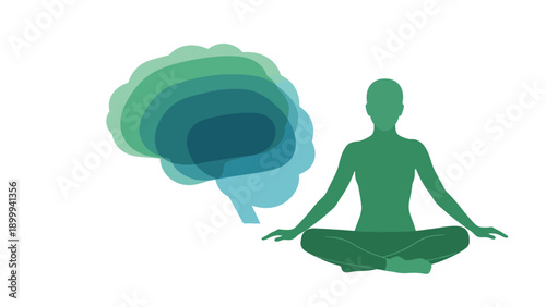 Mindful Meditation and Brain Health Illustration. Person Sitting in Yoga Pose with Conceptual Cognitive Graphic on White.