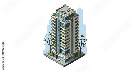 Modern isometric apartment building with green balconies and trees in urban setting