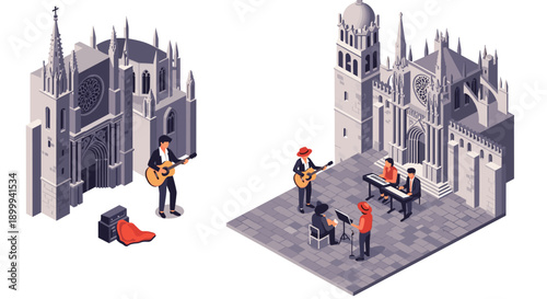 Isometric musicians performing near gothic cathedral architecture scene