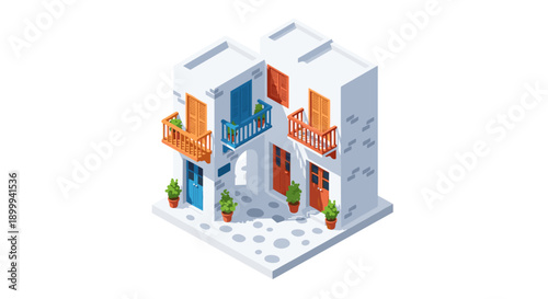 Isometric greek island architecture with vibrant colors and mediterranean charm
