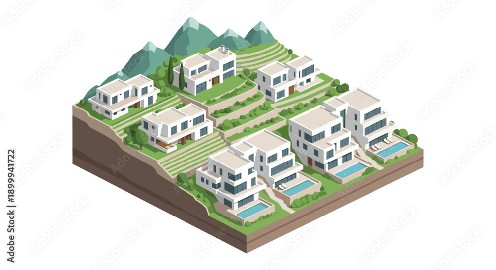 Naklejka premium Modern isometric hillside villas with pools and mountains